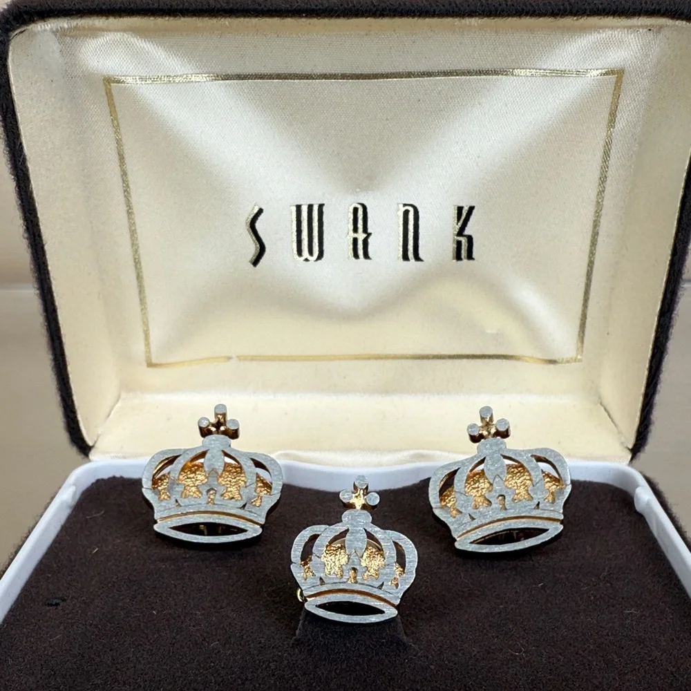 SWANK Vintage Silver and Gold Crown Cuff Links Set & Tie Tack